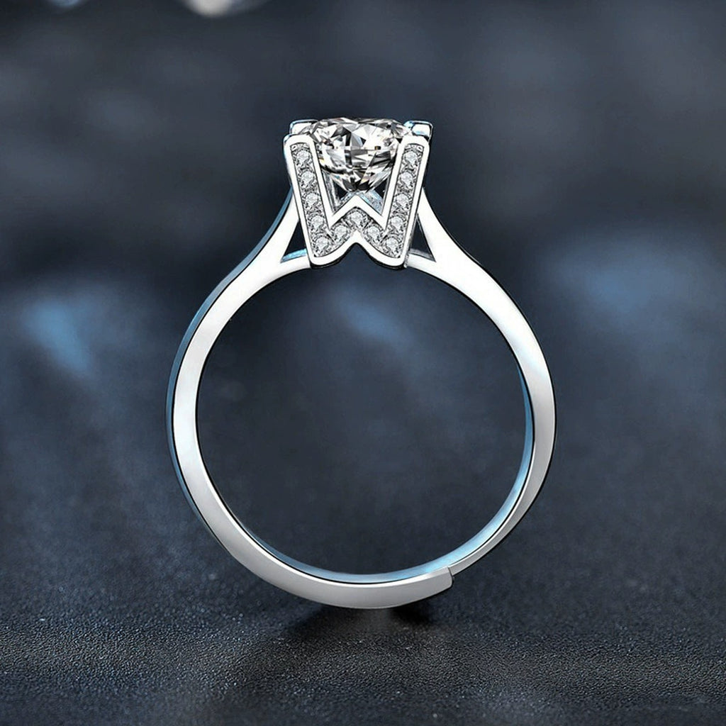 W-Motif Four-Prong Round Moissanite Adjustable Engagement Ring with CZ product view showing moissanite setting and metal finish