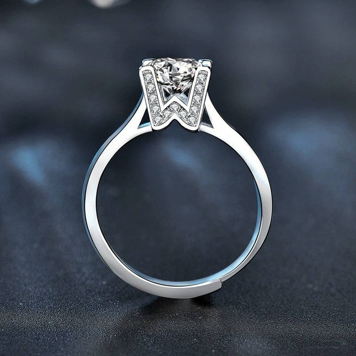 W-Motif Four-Prong Round Moissanite Adjustable Engagement Ring with CZ product view showing moissanite setting and metal finish