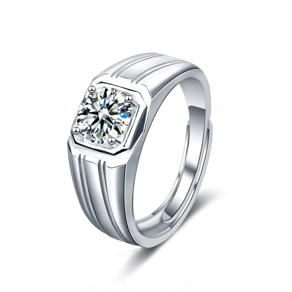 Geometric Round Moissanite Men's Wedding Ring in white gold-plated S925 sterling silver on clean white background