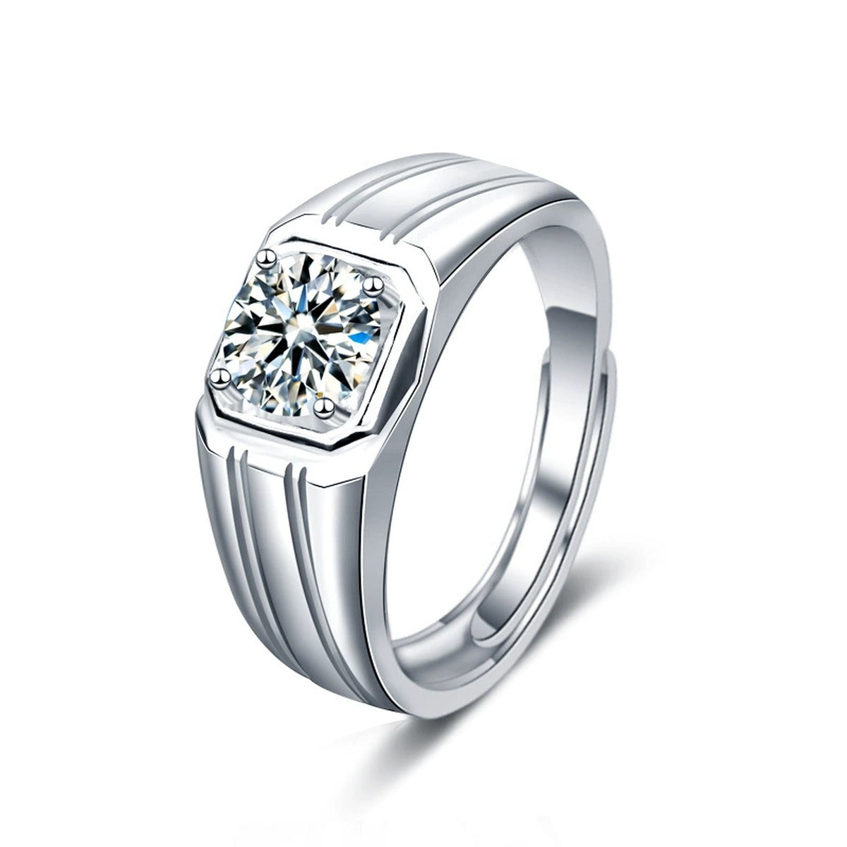 Geometric Round Moissanite Men's Wedding Ring in white gold-plated S925 sterling silver on clean white background
