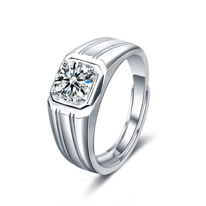 Geometric Round Moissanite Men's Wedding Ring in white gold-plated S925 sterling silver on clean white background