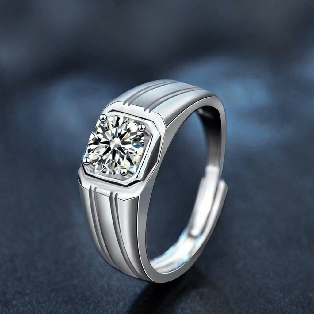 Geometric Round Moissanite Men's Wedding Ring close-up detail view with moissanite sparkle