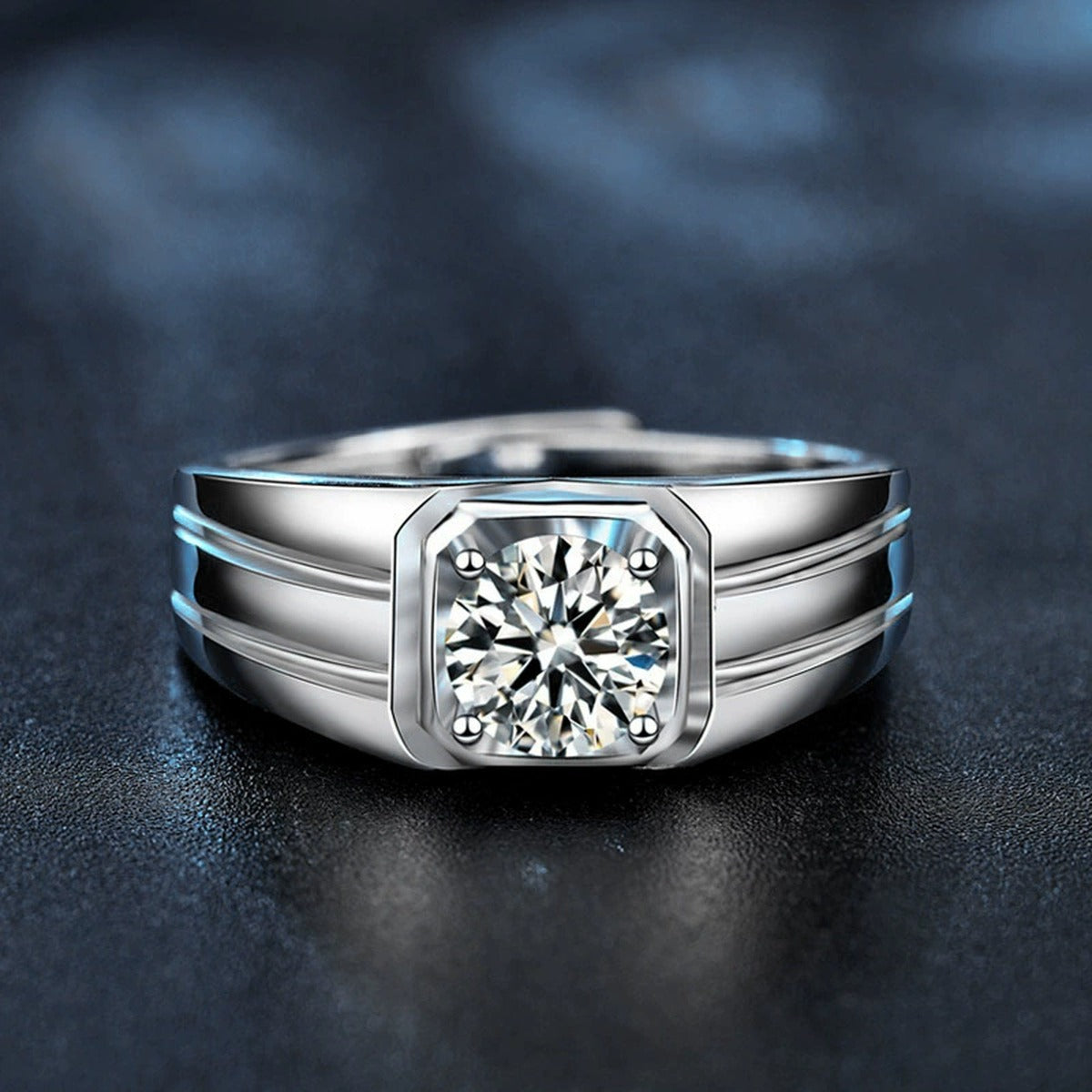 Geometric Round Moissanite Men's Wedding Ring close-up detail view with moissanite sparkle