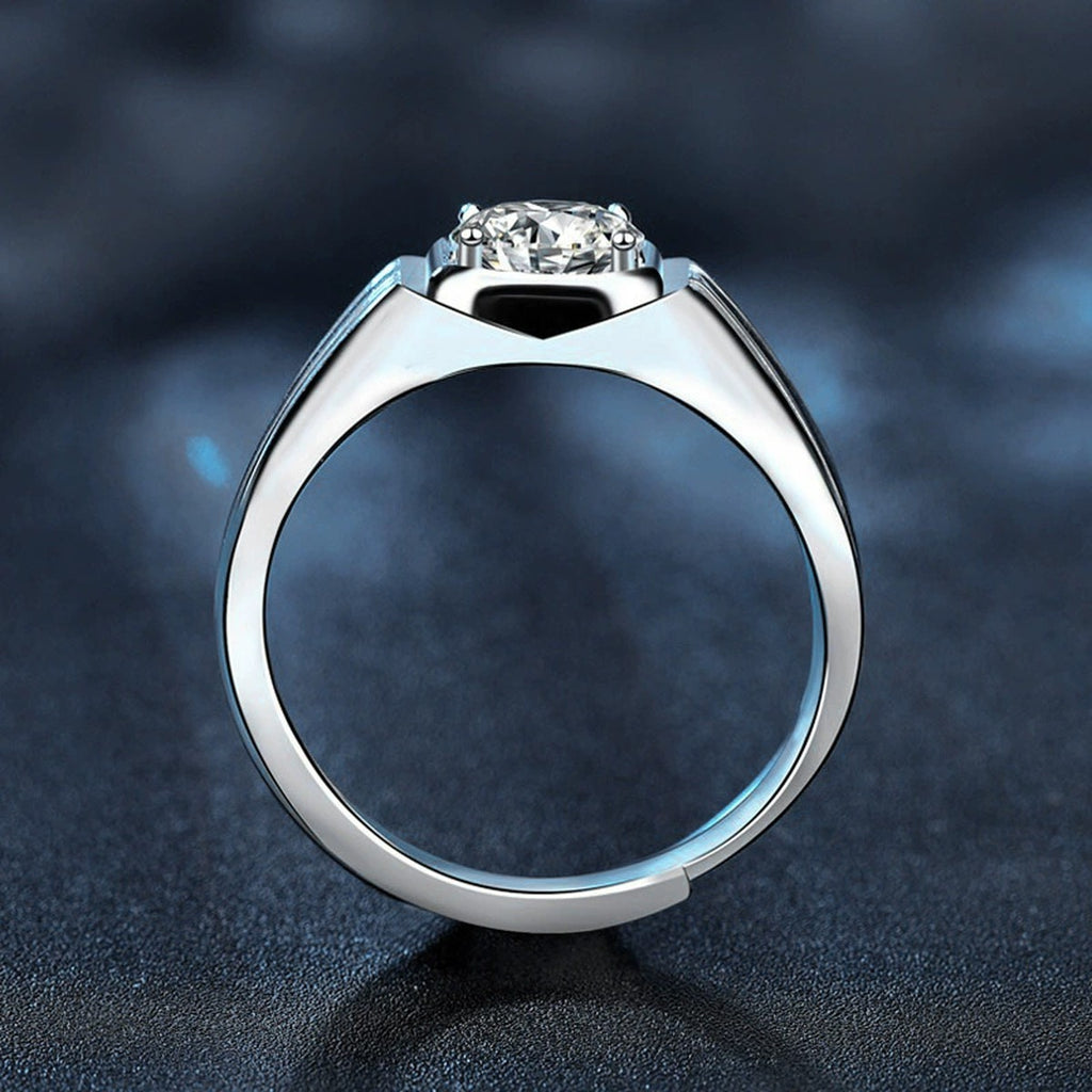 Geometric Round Moissanite Men's Wedding Ring close-up detail view with moissanite sparkle