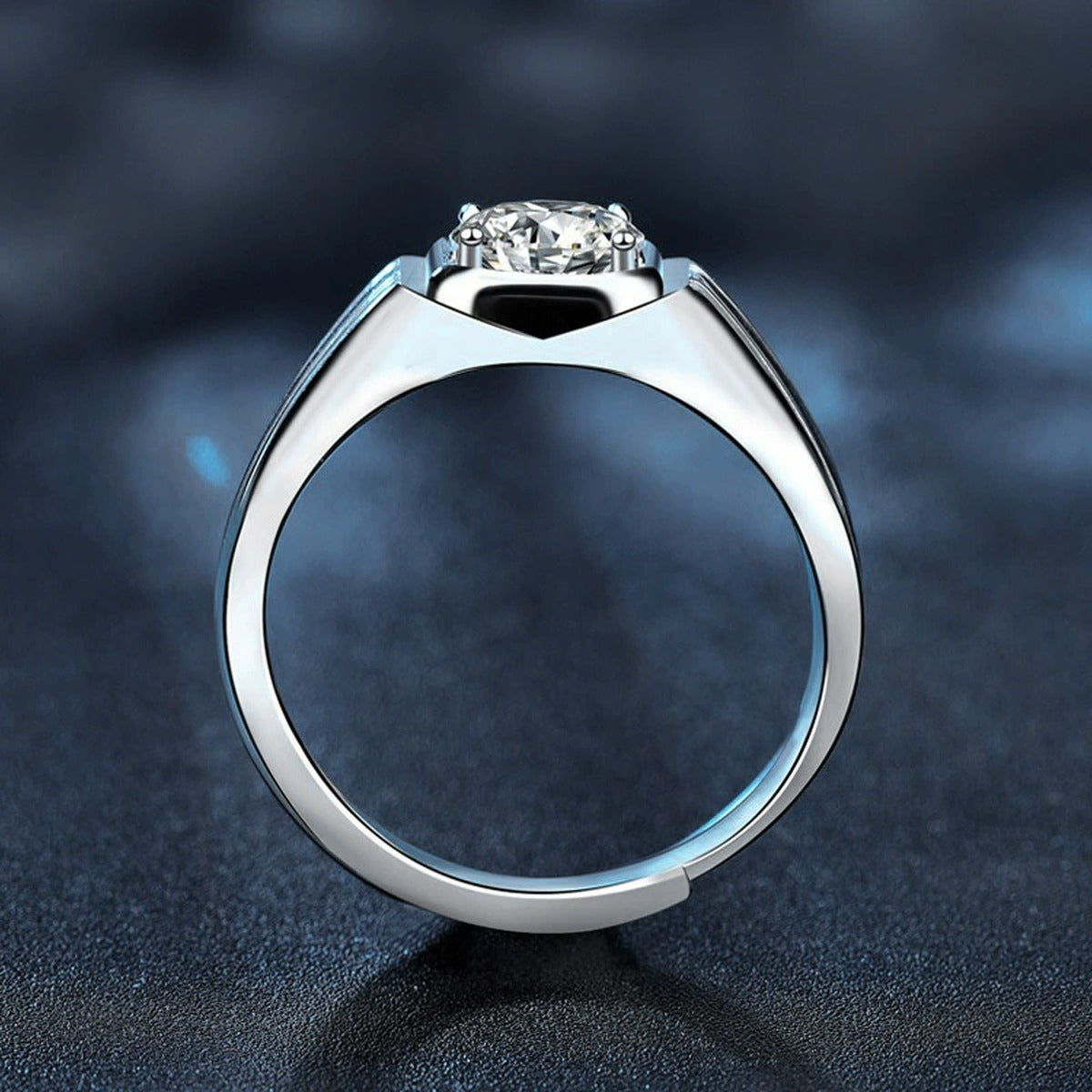 Geometric Round Moissanite Men's Wedding Ring close-up detail view with moissanite sparkle