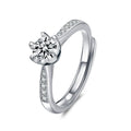Six-Prong Round Moissanite Adjustable Engagement Ring with CZ in white gold-plated S925 sterling silver on clean white background