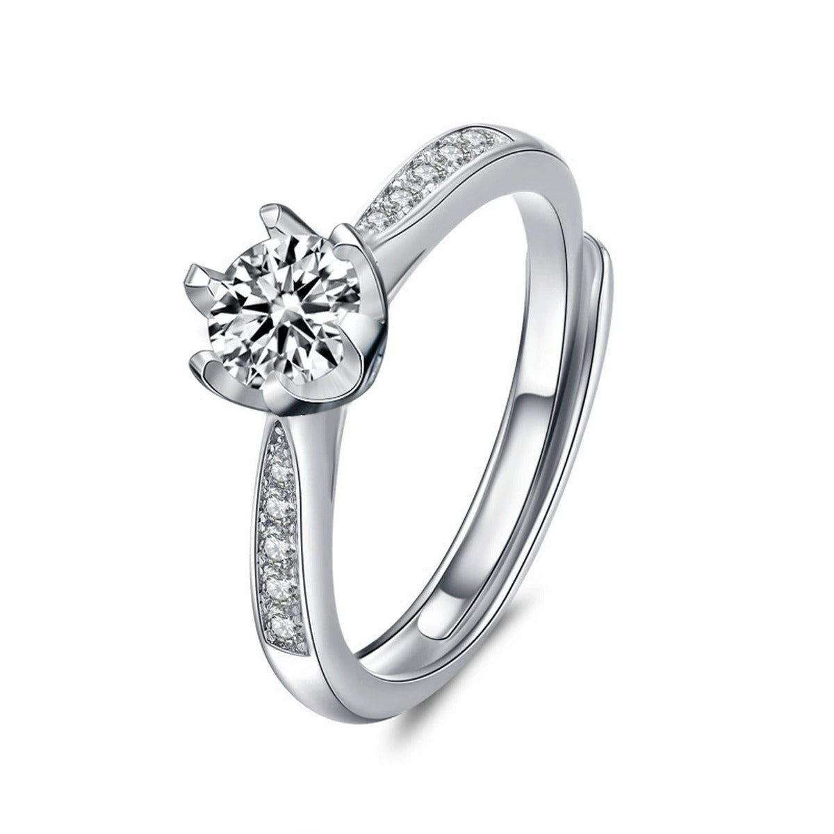 Six-Prong Round Moissanite Adjustable Engagement Ring with CZ in white gold-plated S925 sterling silver on clean white background