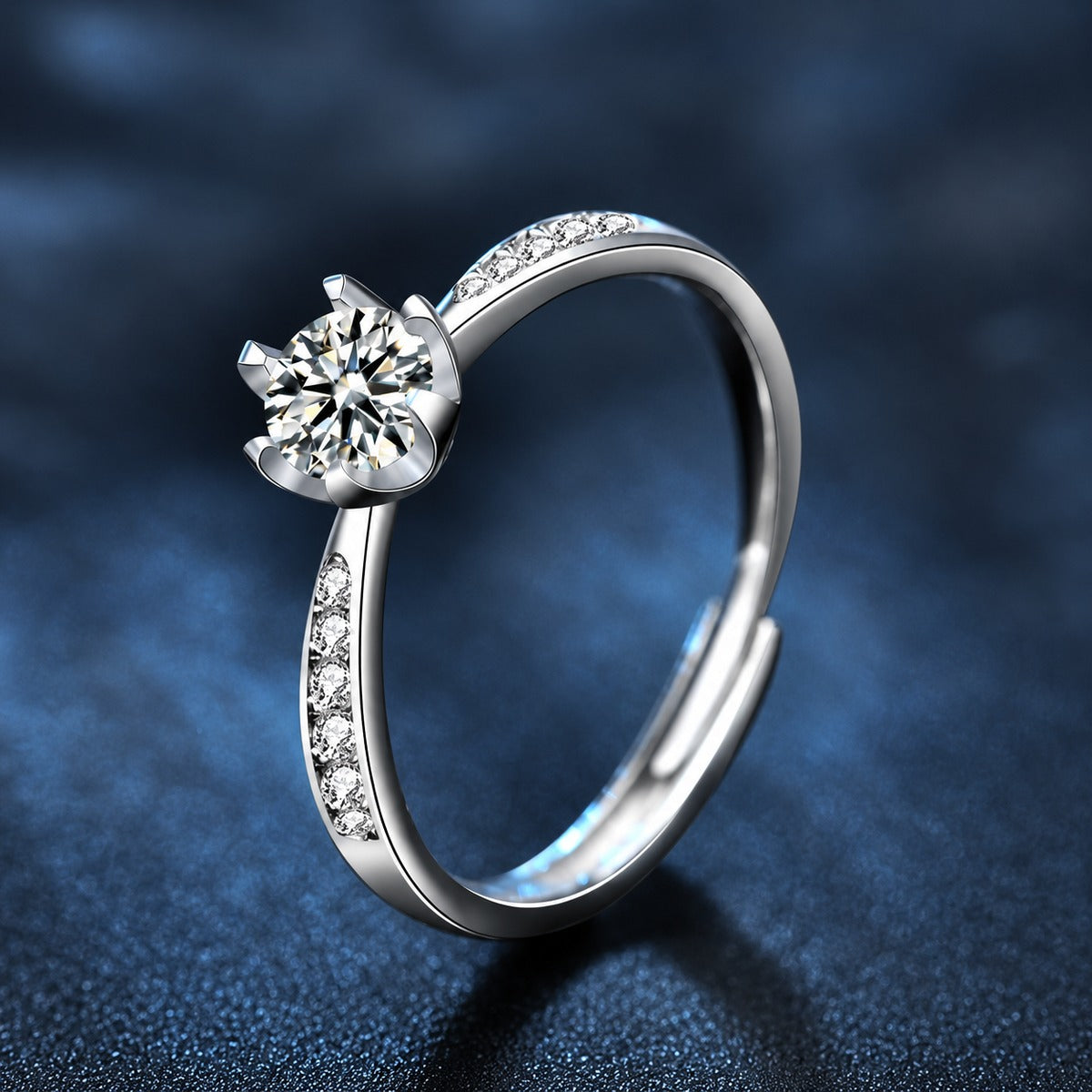 Six-Prong Round Moissanite Adjustable Engagement Ring with CZ product view showing moissanite setting and metal finish