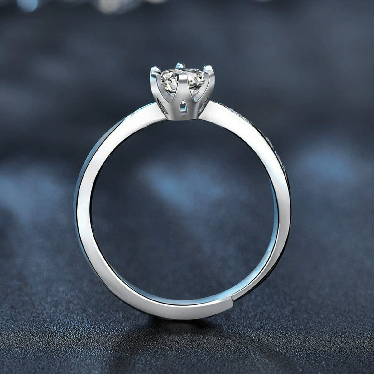 Six-Prong Round Moissanite Adjustable Engagement Ring with CZ product view showing moissanite setting and metal finish