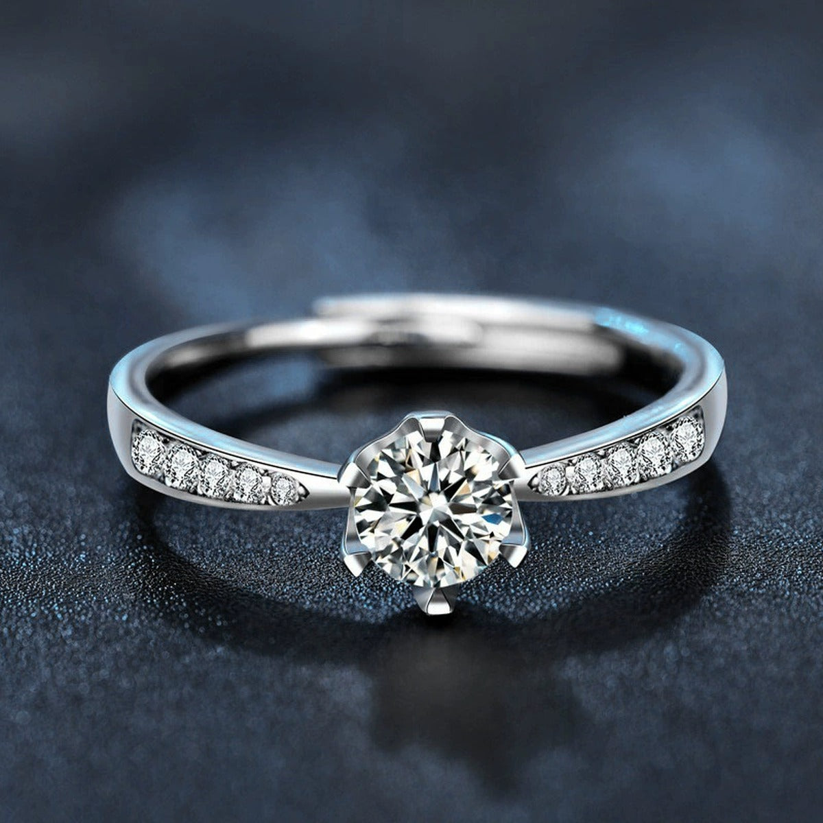Six-Prong Round Moissanite Adjustable Engagement Ring with CZ product view showing moissanite setting and metal finish