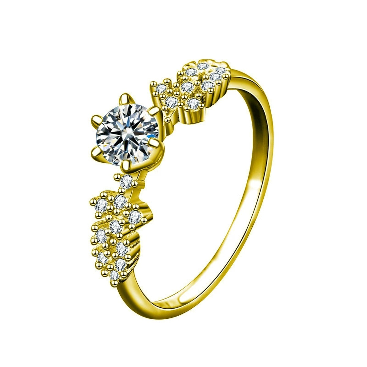 Starry Round Moissanite Fashion Ring with CZ in gold-plated S925 sterling silver on clean white background