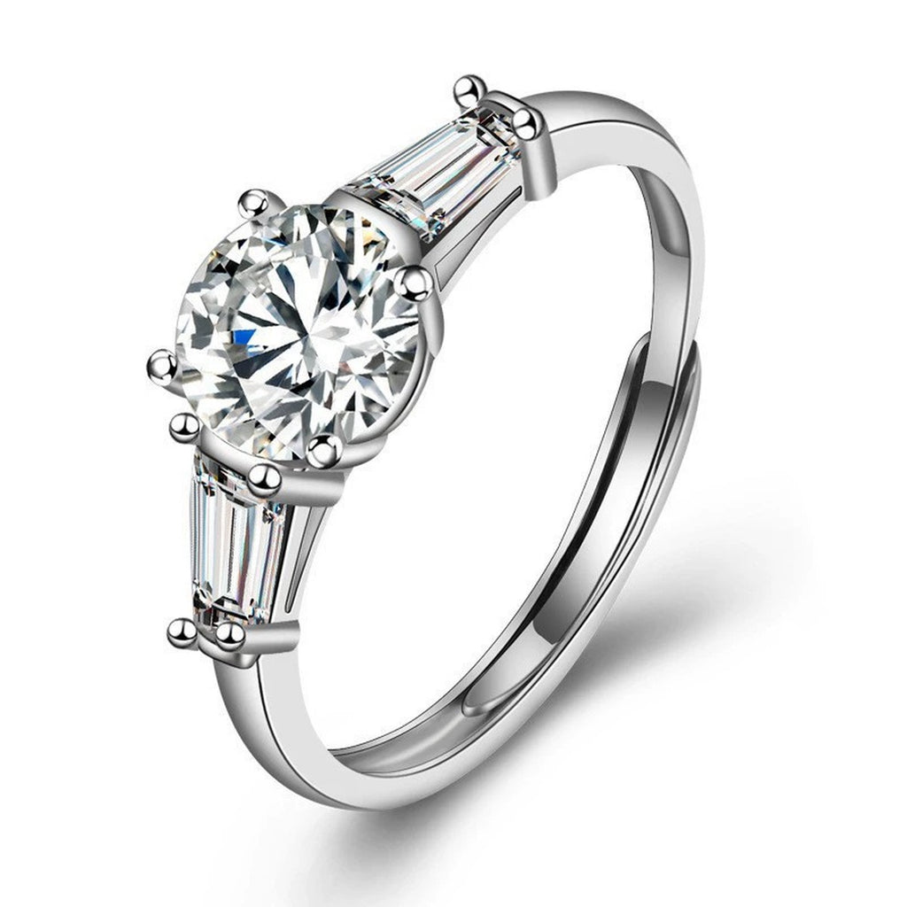 Four-Prong Round Moissanite Adjustable Engagement Ring with CZ in white gold-plated S925 sterling silver on clean white background