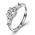 Four-Prong Round Moissanite Adjustable Engagement Ring with CZ in white gold-plated S925 sterling silver on clean white background