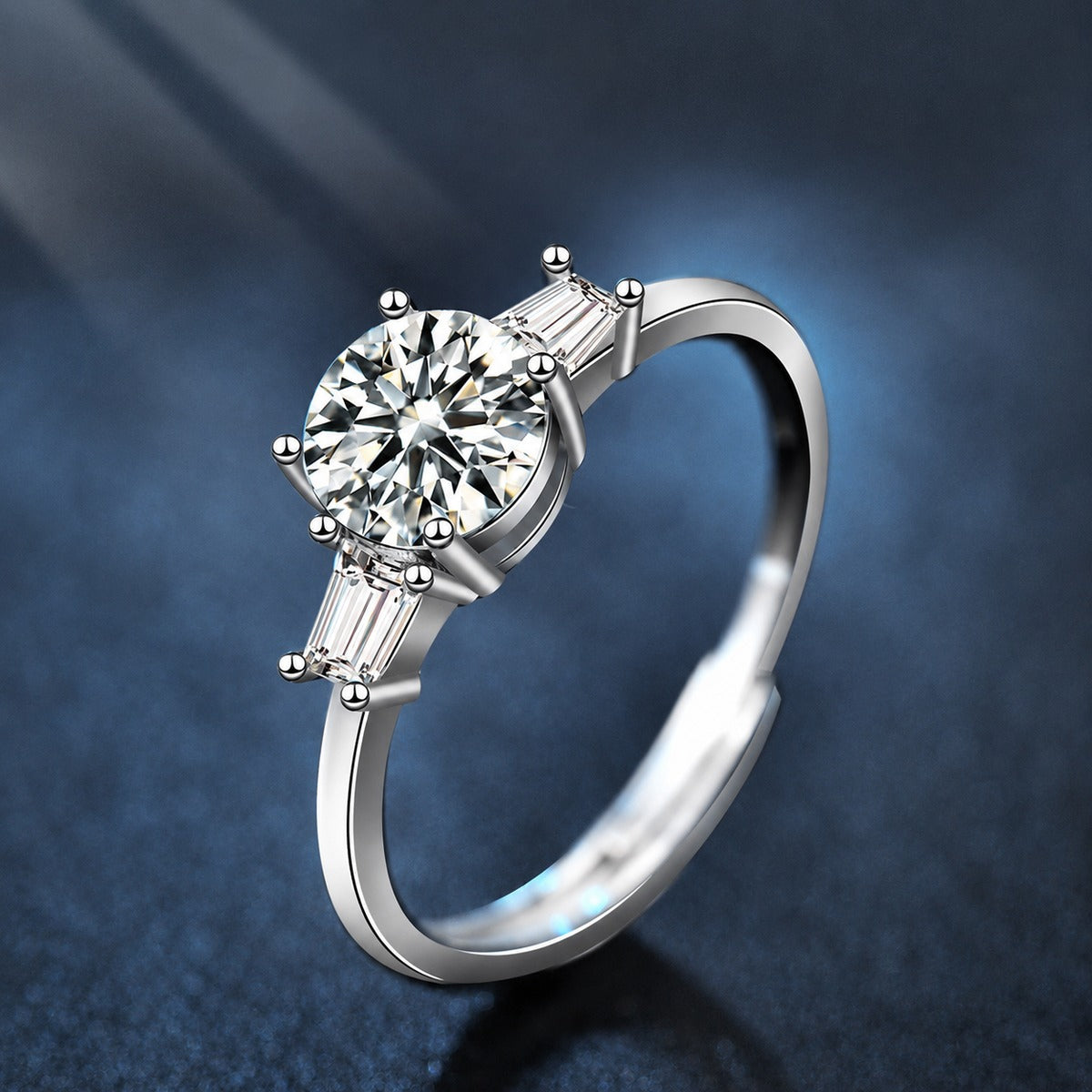 Four-Prong Round Moissanite Adjustable Engagement Ring with CZ close-up detail view with moissanite sparkle