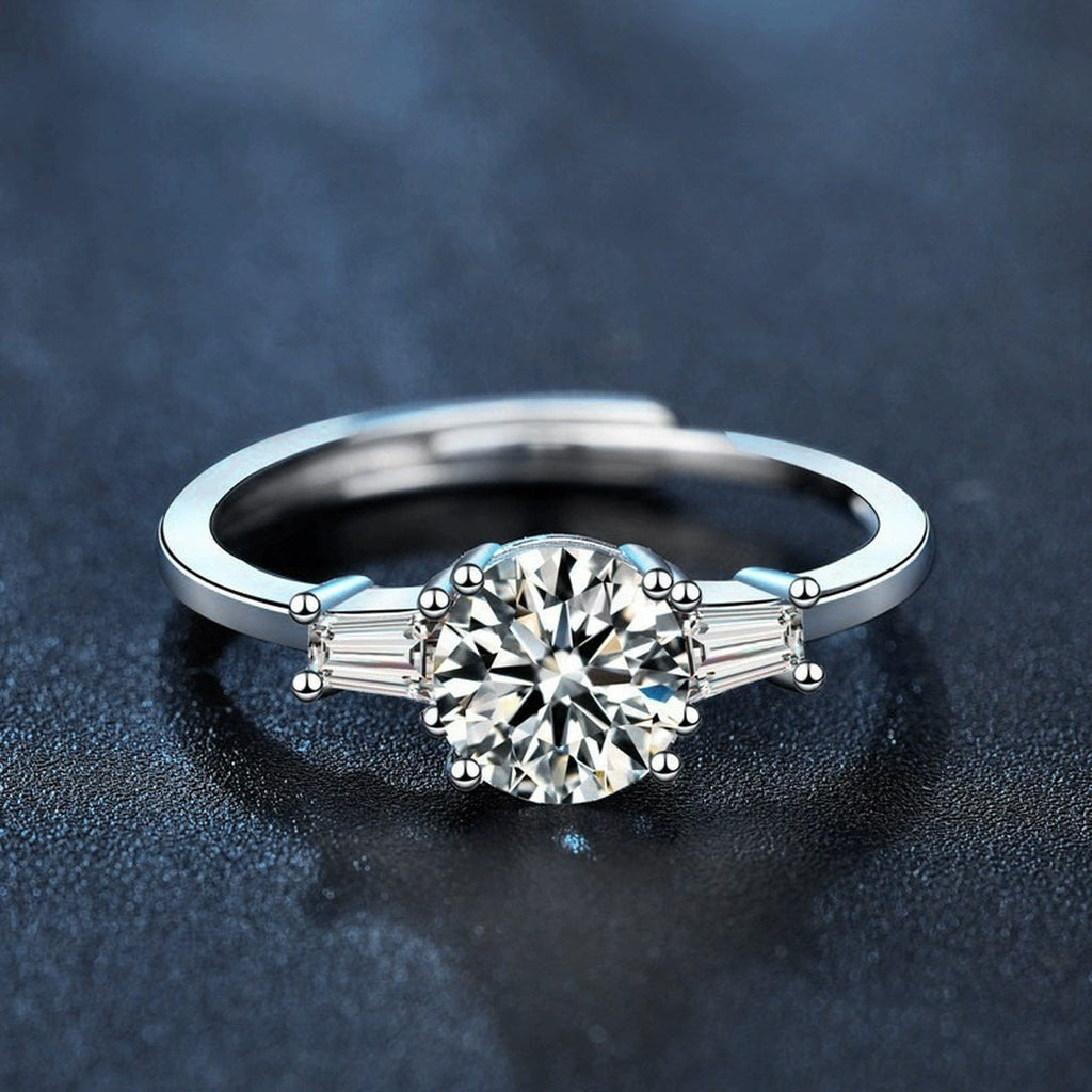 Four-Prong Round Moissanite Adjustable Engagement Ring with CZ close-up detail view with moissanite sparkle