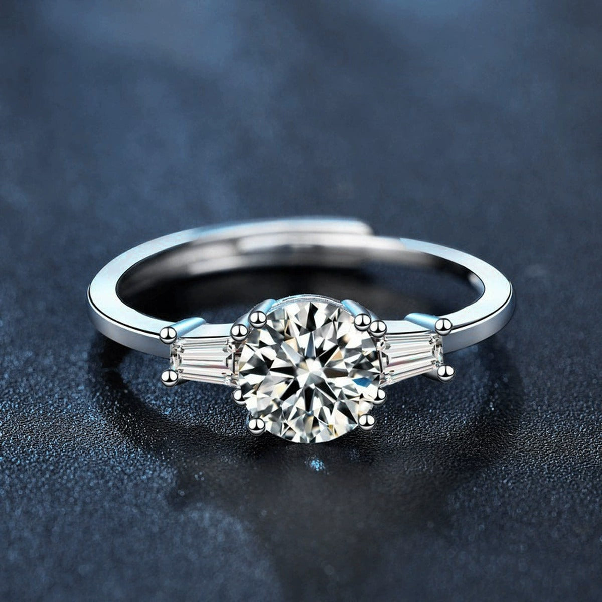Four-Prong Round Moissanite Adjustable Engagement Ring with CZ close-up detail view with moissanite sparkle