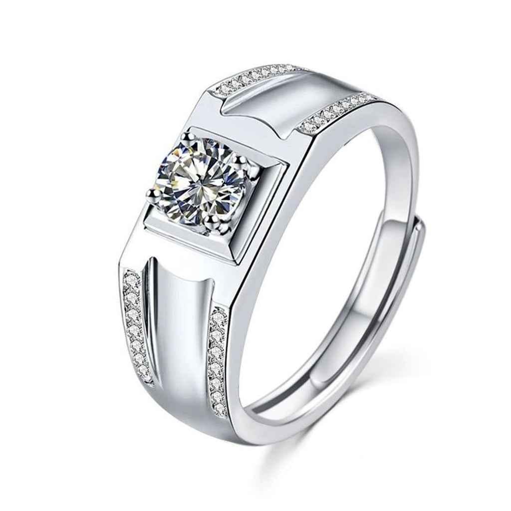 Men's Round Moissanite Adjustable Ring with CZ in white gold-plated S925 sterling silver on clean white background