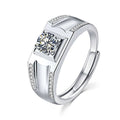 Men's Round Moissanite Adjustable Ring with CZ in white gold-plated S925 sterling silver on clean white background