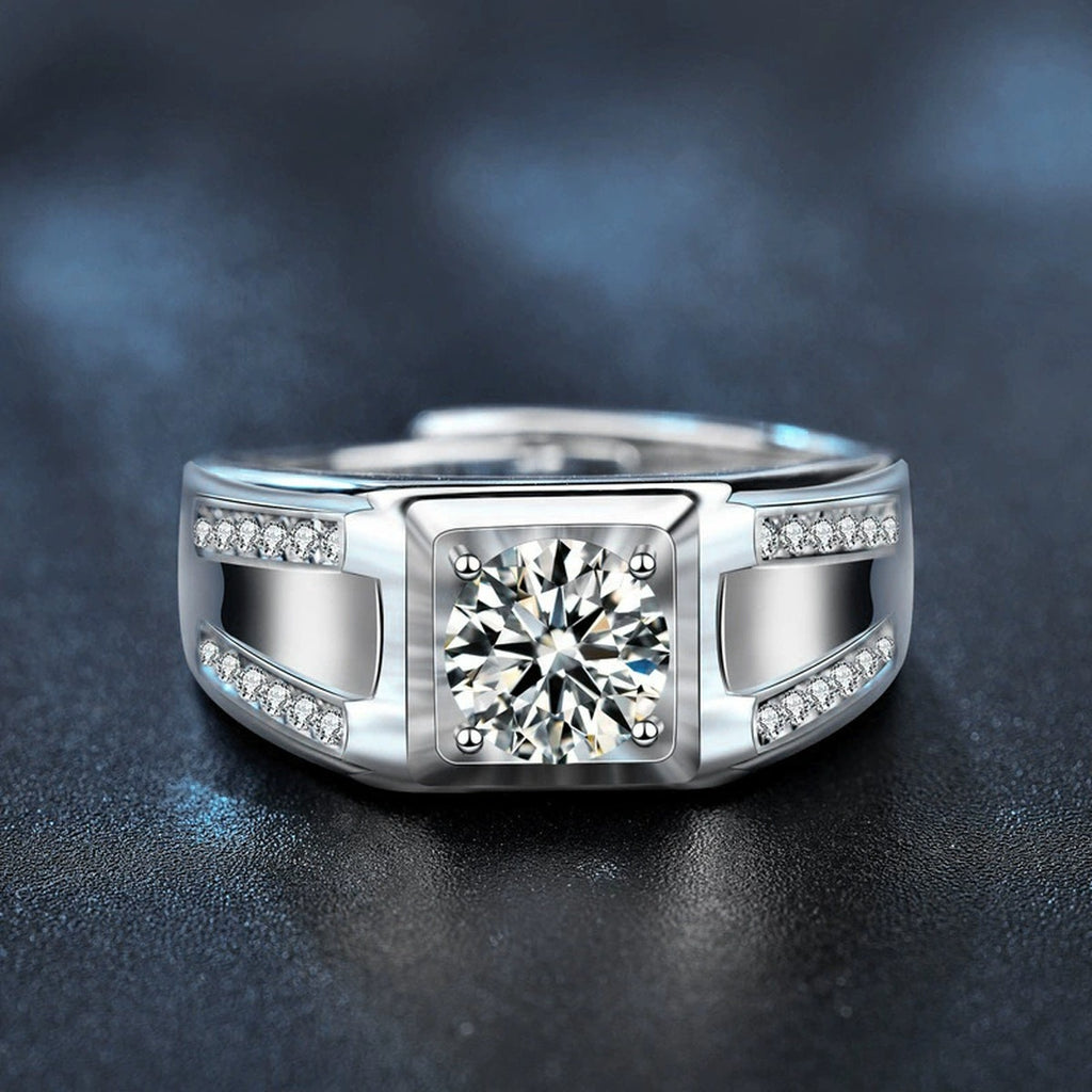 Men's Round Moissanite Adjustable Ring with CZ product view showing moissanite setting and metal finish