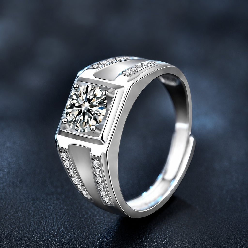 Men's Round Moissanite Adjustable Ring with CZ close-up detail view with moissanite sparkle