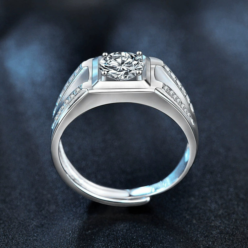 Men's Round Moissanite Adjustable Ring with CZ close-up detail view with moissanite sparkle