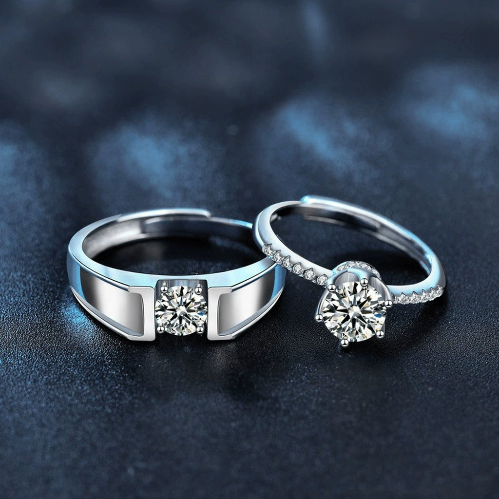 Couples Round Moissanite Wedding Rings product view showing moissanite setting and metal finish