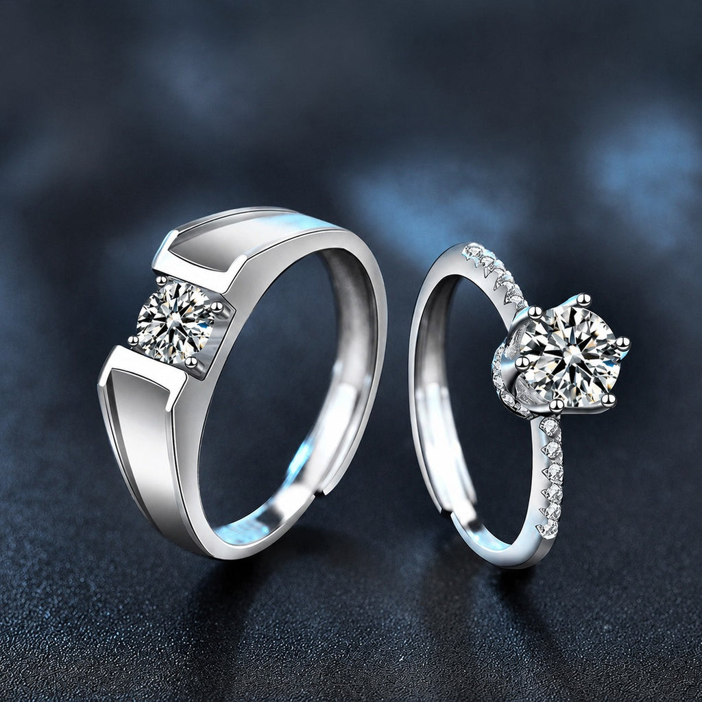 Couples Round Moissanite Wedding Rings close-up detail view with moissanite sparkle
