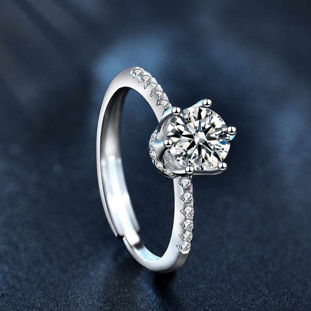 Couples Round Moissanite Wedding Rings close-up detail view with moissanite sparkle