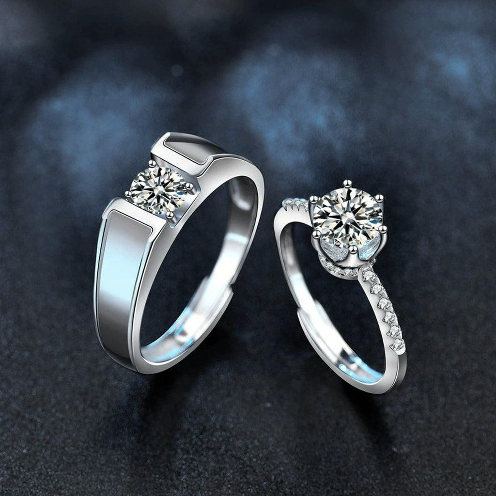 Couples Round Moissanite Wedding Rings close-up detail view with moissanite sparkle