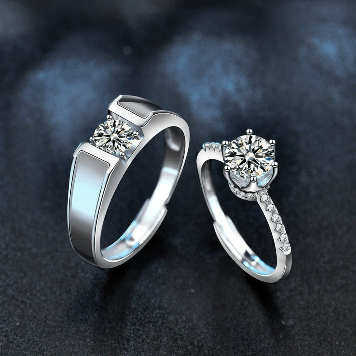 Couples Round Moissanite Wedding Rings close-up detail view with moissanite sparkle