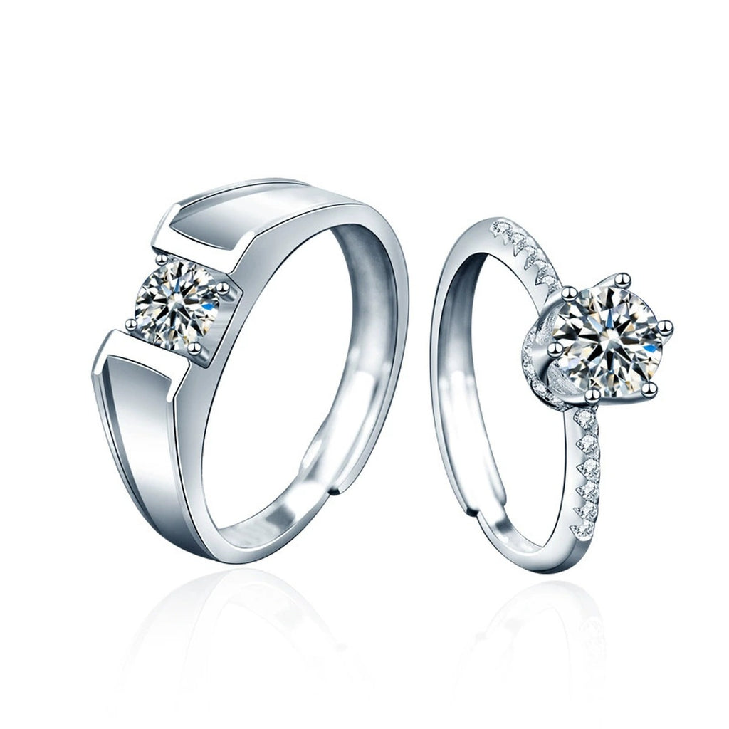 Couples Round Moissanite Wedding Rings in white gold-plated S925 sterling silver on clean white background