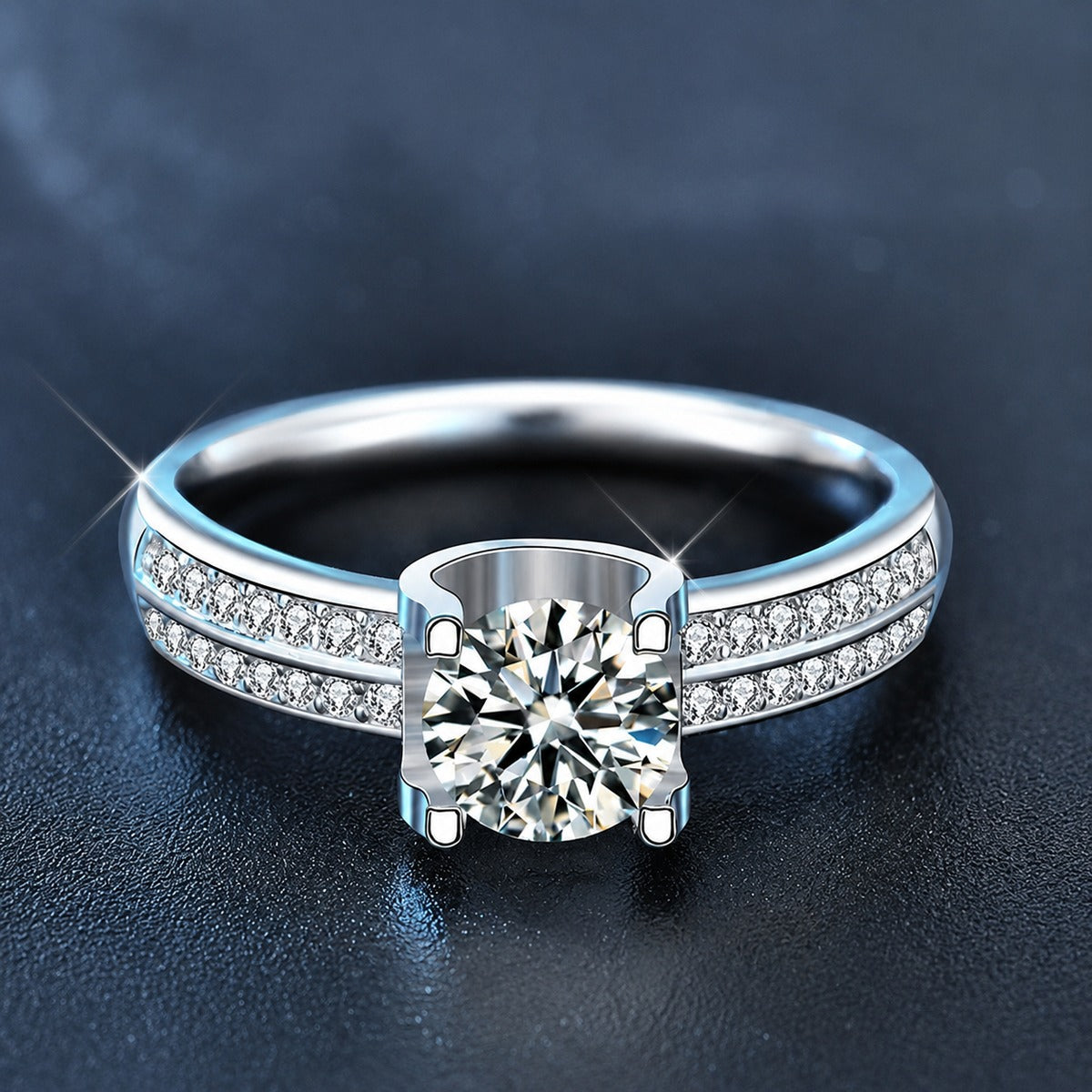 Four-Prong Round Moissanite Engagement Ring with CZ product view showing moissanite setting and metal finish