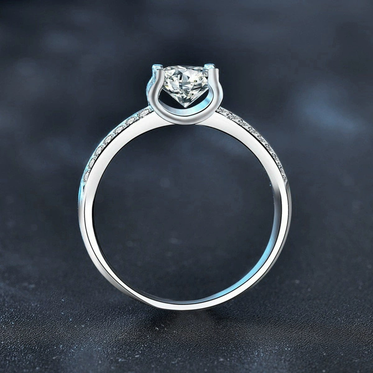 Four-Prong Round Moissanite Engagement Ring with CZ product view showing moissanite setting and metal finish