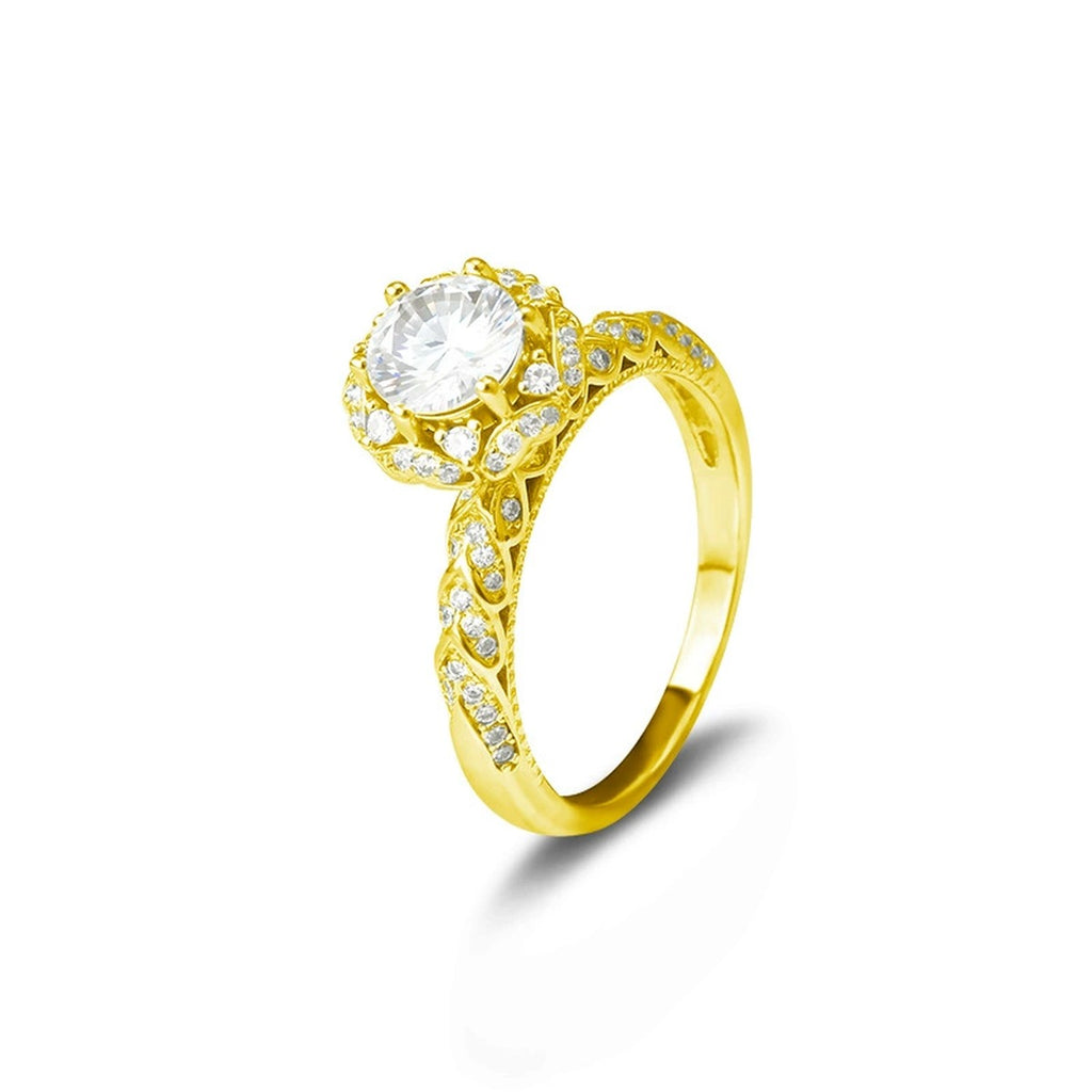 Vintage Round Moissanite Engagement Ring with CZ in gold-plated S925 sterling silver on clean white background