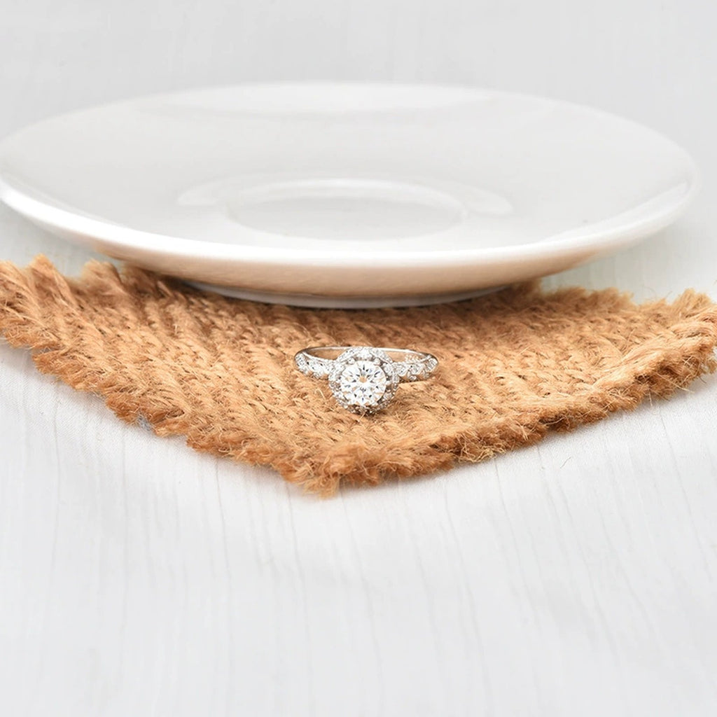 Vintage Round Moissanite Engagement Ring with CZ detailed product photo showing ring shape and stone setting