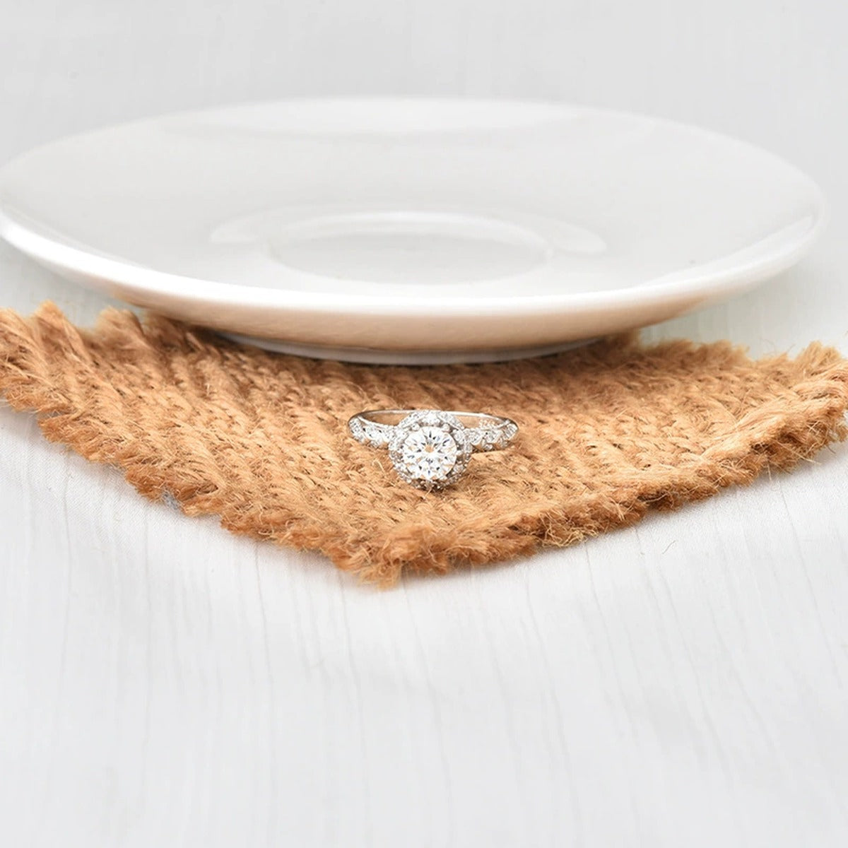 Vintage Round Moissanite Engagement Ring with CZ detailed product photo showing ring shape and stone setting