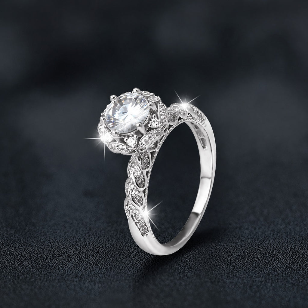 Vintage Round Moissanite Engagement Ring with CZ close-up detail view with moissanite sparkle