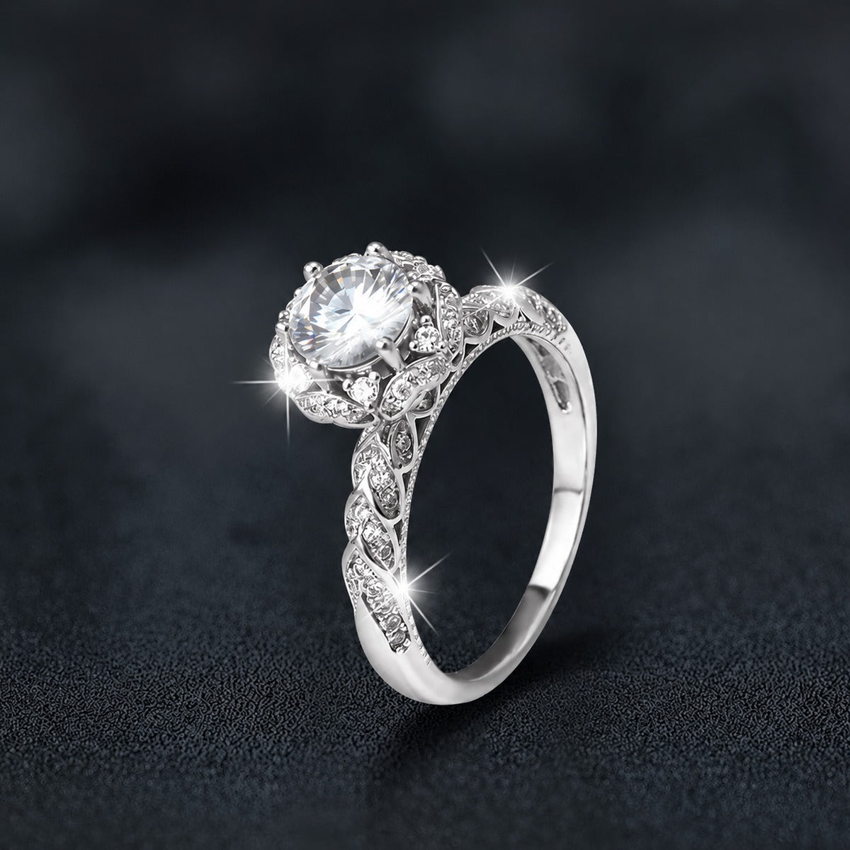 Vintage Round Moissanite Engagement Ring with CZ close-up detail view with moissanite sparkle