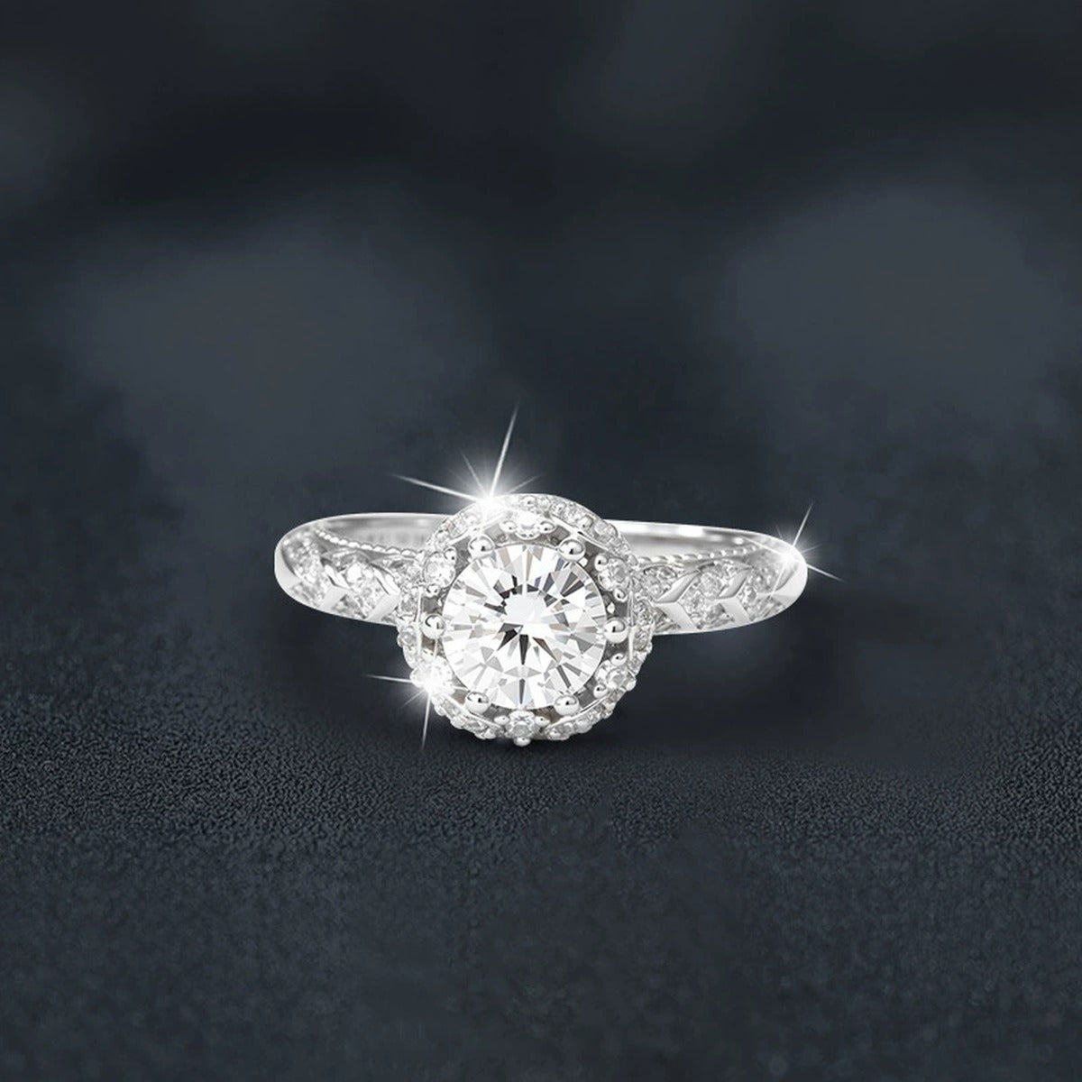 Vintage Round Moissanite Engagement Ring with CZ close-up detail view with moissanite sparkle