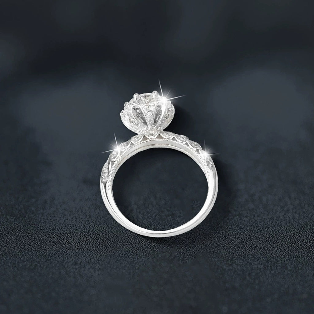 Vintage Round Moissanite Engagement Ring with CZ close-up detail view with moissanite sparkle