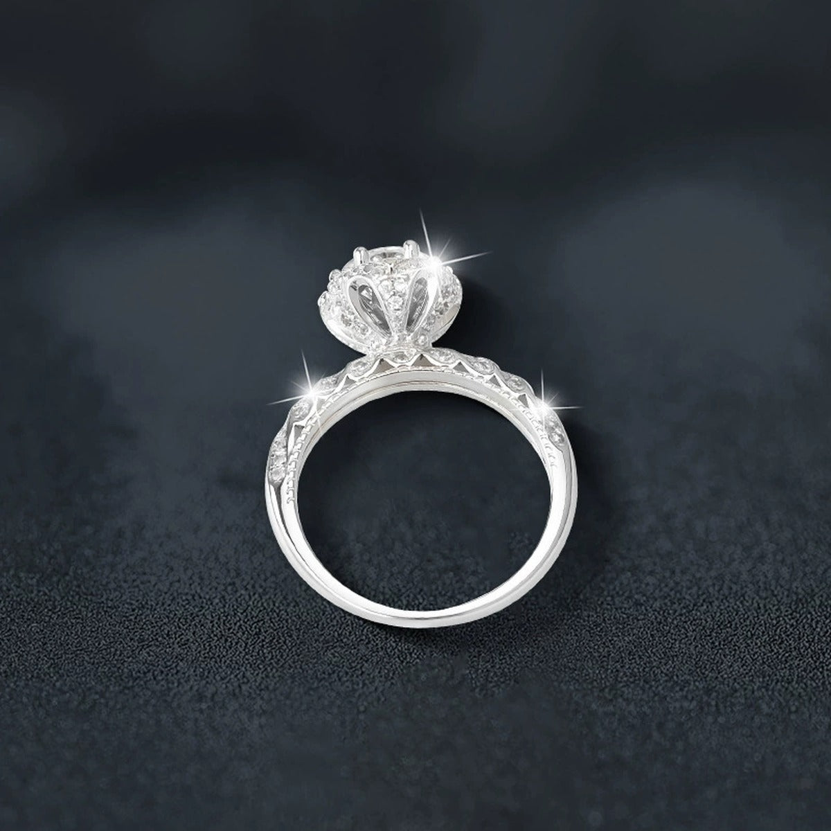 Vintage Round Moissanite Engagement Ring with CZ close-up detail view with moissanite sparkle