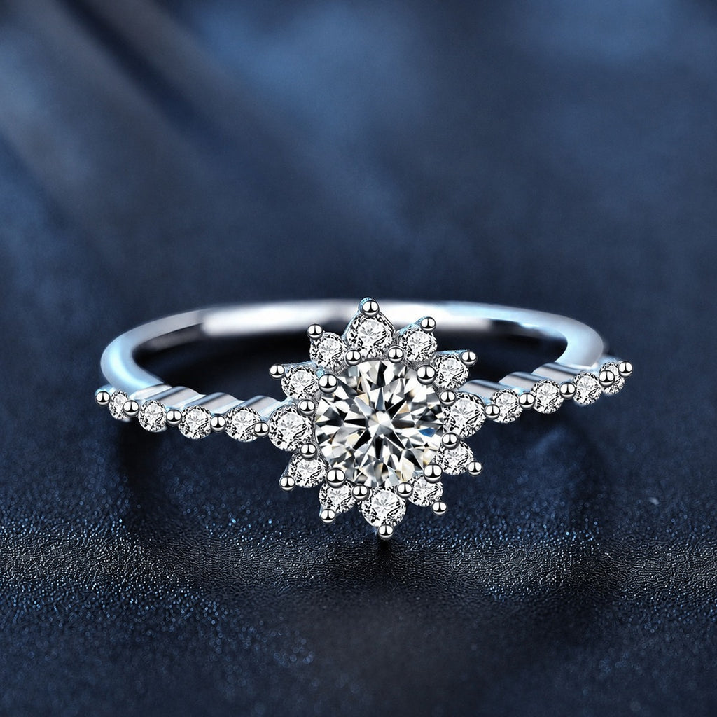 Sunflower Round Moissanite Engagement Ring with CZ close-up detail view with moissanite sparkle