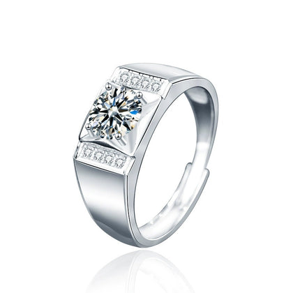 Framed Round Moissanite Men's Wedding Ring with CZ in white gold-plated S925 sterling silver on clean white background