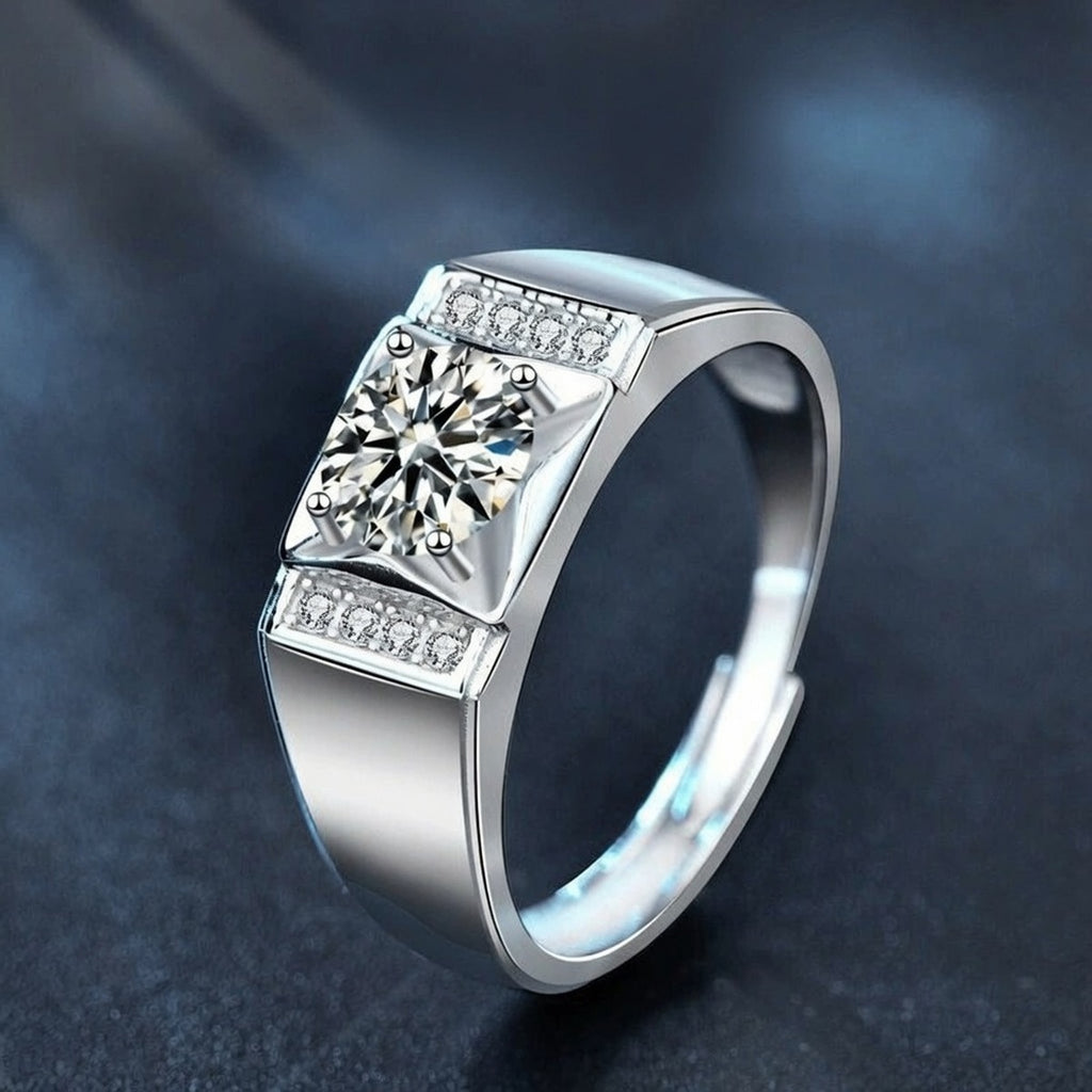 Framed Round Moissanite Men's Wedding Ring with CZ close-up detail view with moissanite sparkle