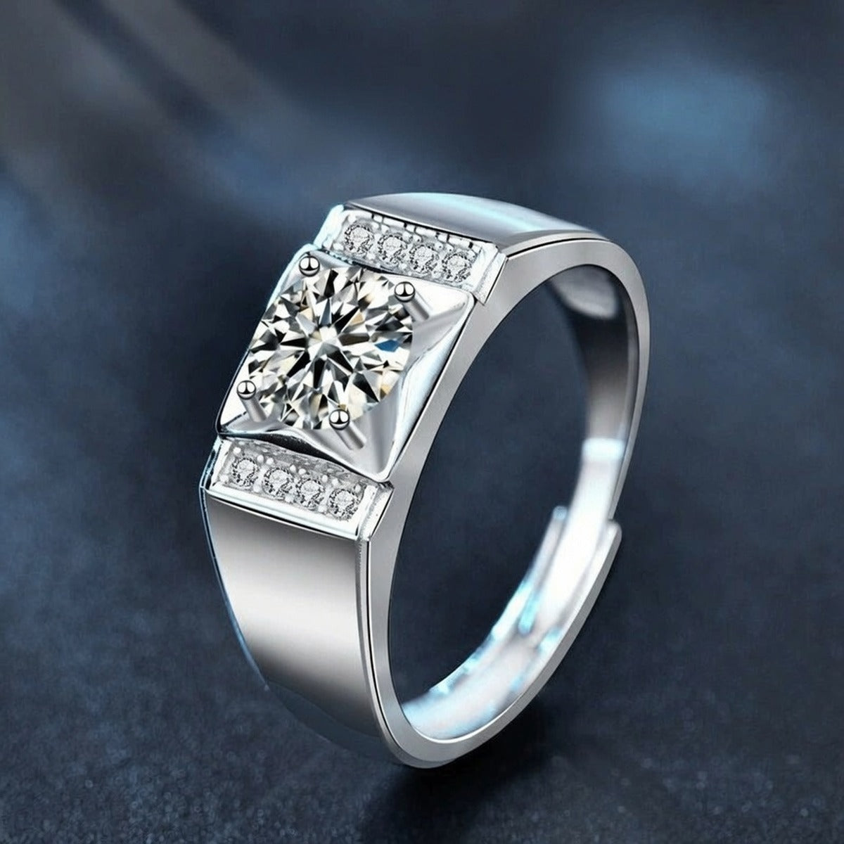 Framed Round Moissanite Men's Wedding Ring with CZ close-up detail view with moissanite sparkle