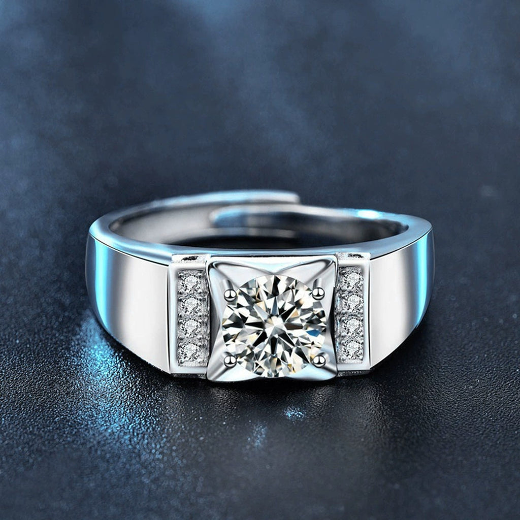 Framed Round Moissanite Men's Wedding Ring with CZ close-up detail view with moissanite sparkle
