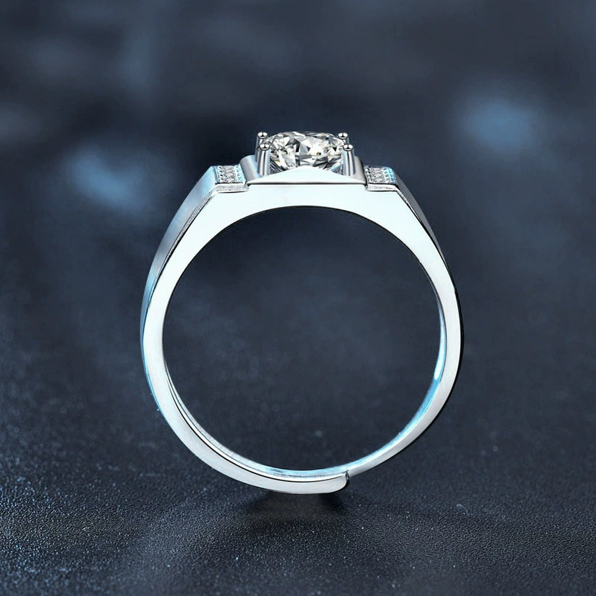 Framed Round Moissanite Men's Wedding Ring with CZ close-up detail view with moissanite sparkle