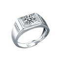 Raised Round Moissanite Men's Wedding Ring with CZ in white gold-plated S925 sterling silver on clean white background