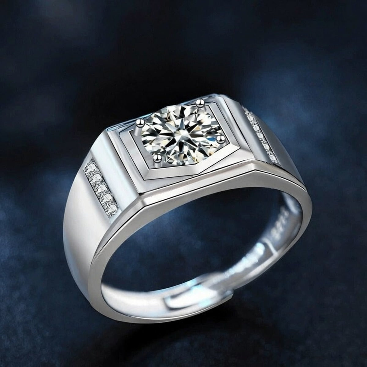 Raised Round Moissanite Men's Wedding Ring with CZ close-up detail view with moissanite sparkle
