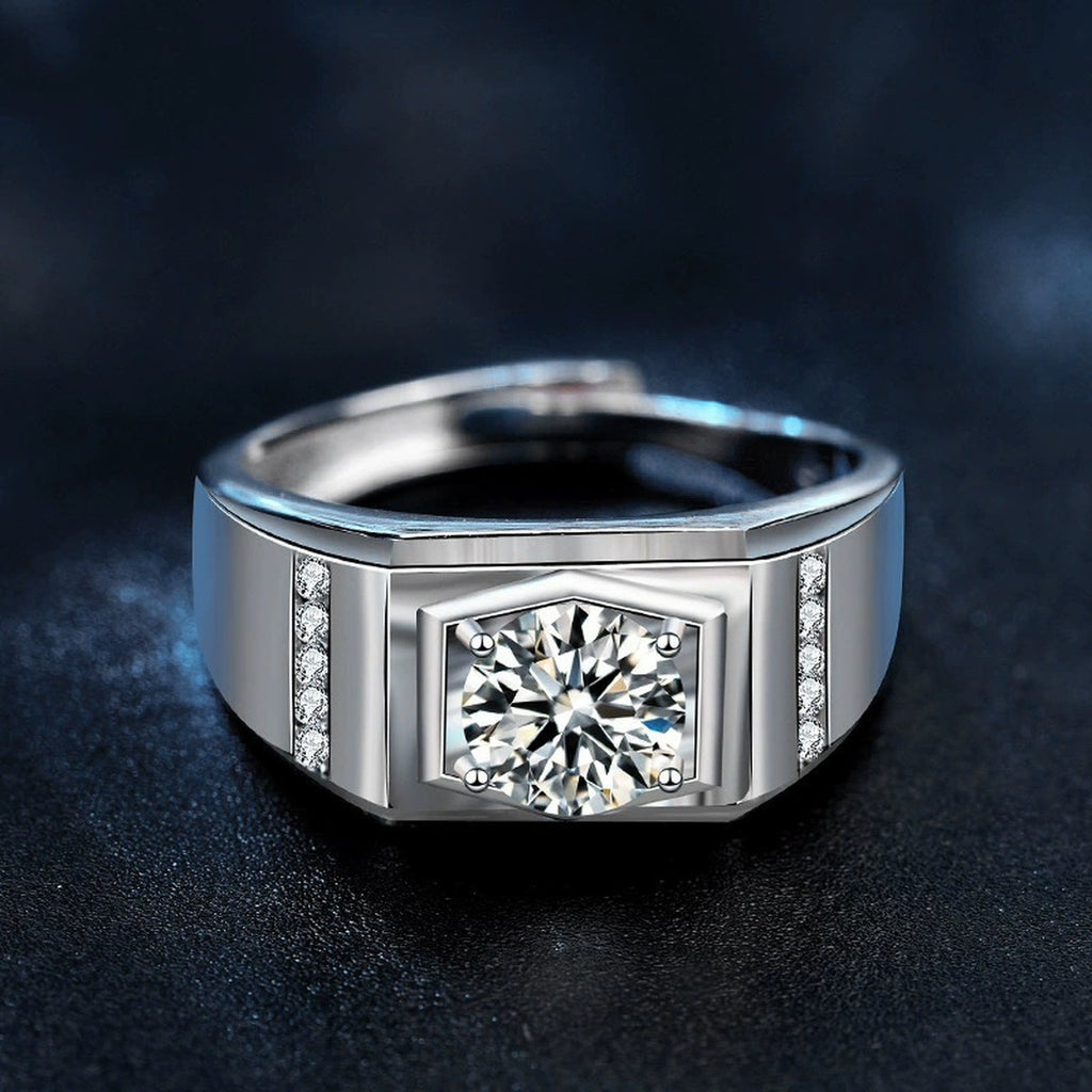 Raised Round Moissanite Men's Wedding Ring with CZ close-up detail view with moissanite sparkle